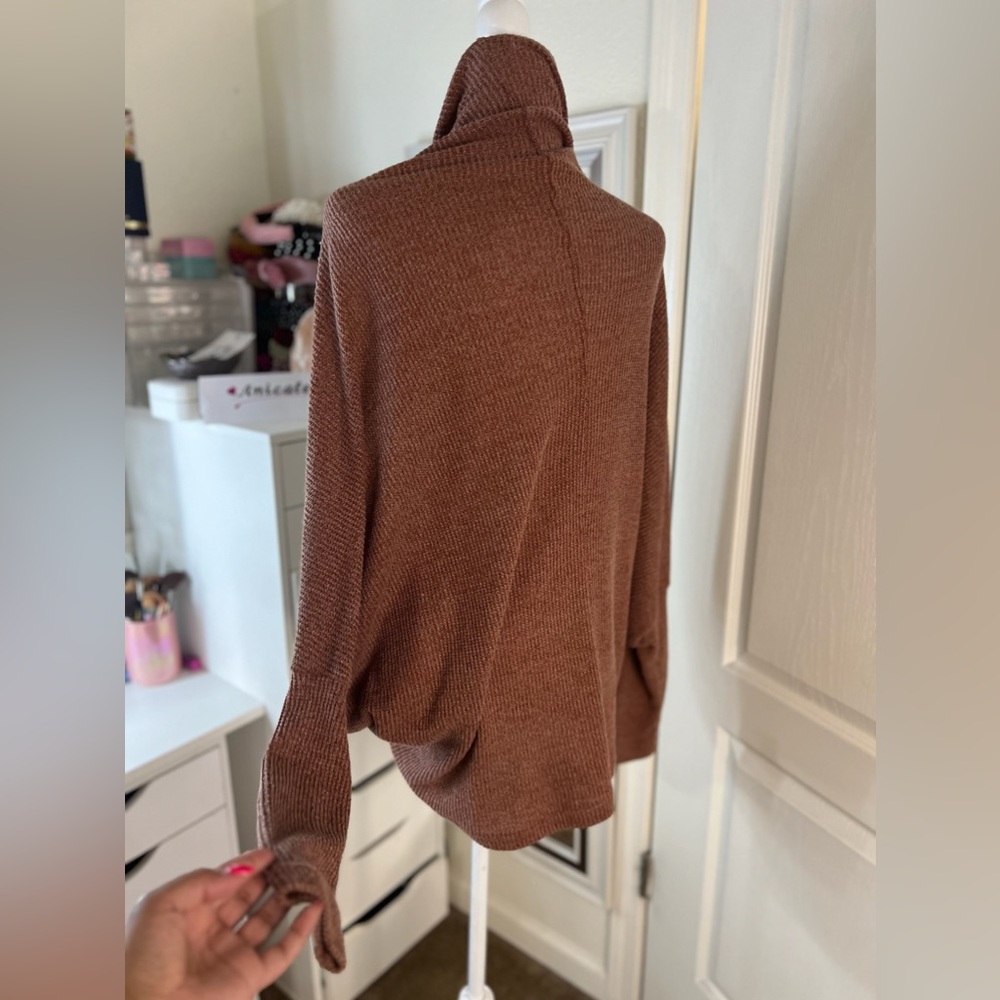 Sz M waffle knit open cardigan brown 0570 - Picture 2 of 3